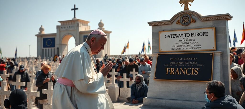 Antipope Leo XIV kneeling before migrants at Lampedusa pier in a controversial papal visit replacing Christ's Kingship with humanitarian idolatry