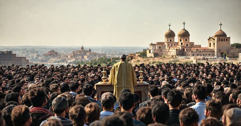 Antipope Leo XIV addressing youth in Bkerké, Lebanon, with a focus on the absence of sacramental elements and traditional Catholic doctrine.