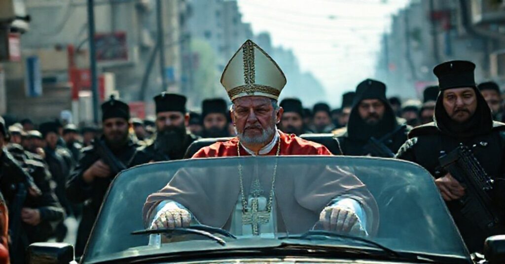 Antipope Leo XIV in Lebanon, surrounded by Shia clerics, betraying Catholic mission in a motorcade through Hezbollah-controlled Dahieh.