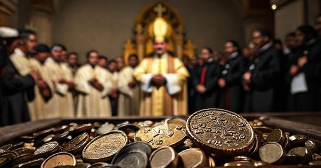 Antipope Leo XIV speaking at the Shrine of Our Lady of Lebanon in Harissa, surrounded by clergy and workers focusing on interfaith initiatives and humanitarian efforts.