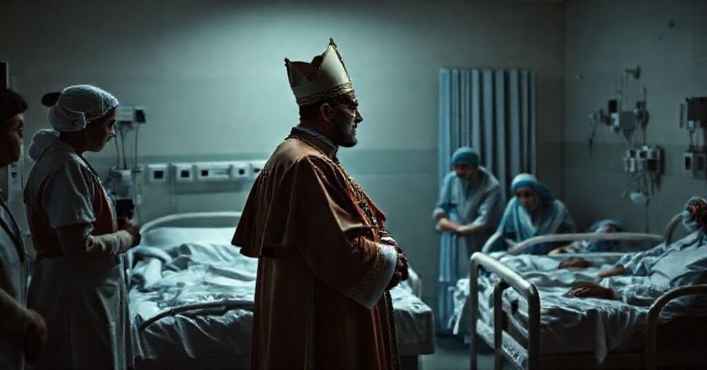 Antipope Leo XIV visiting De La Croix Hospital in Lebanon, surrounded by modern healthcare workers in a secular environment devoid of sacramental presence.