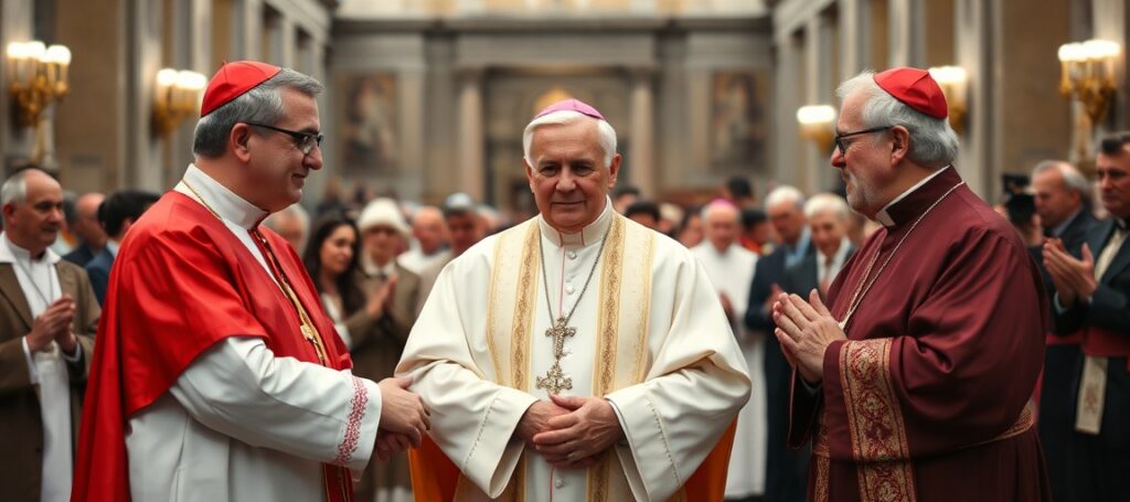 Antipope Leo XIV shakes hands with 'Cardinal' Pietro Parolin and 'Bishop' Maurizio Malvestiti in St. Peter's Basilica during a Masonic-style 'solidarity' gesture devoid of Catholic symbolism