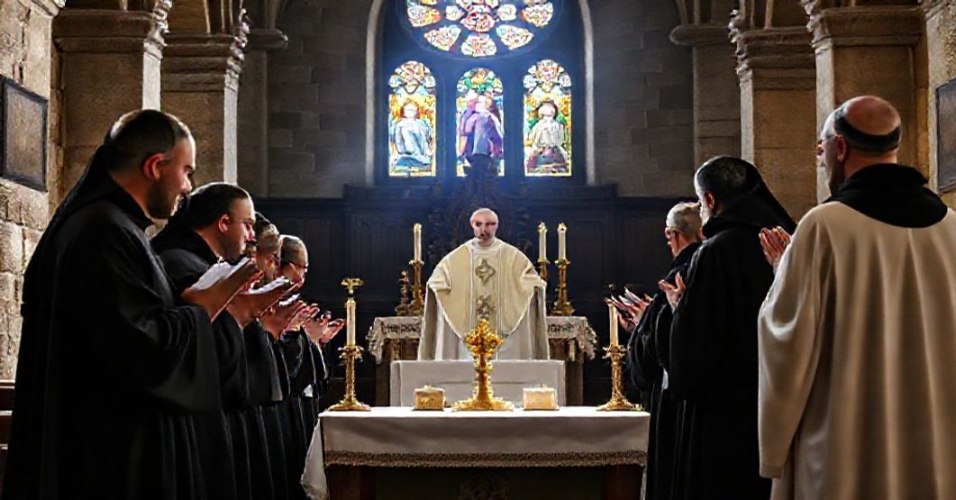 Antipope Leo XIV (Robert Prevost) celebrating a Latin Mass in Sant'Anselmo Church, Rome, surrounded by Benedictine monks in traditional habits.