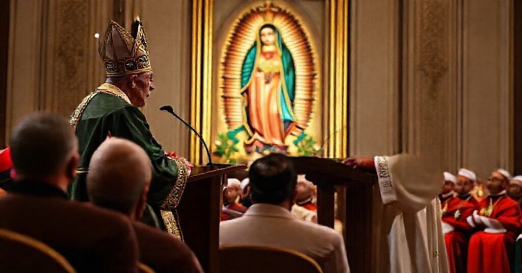Antipope Leo XIV addressing Mexico's National Missionary Congress with Our Lady of Guadalupe's image in the background.