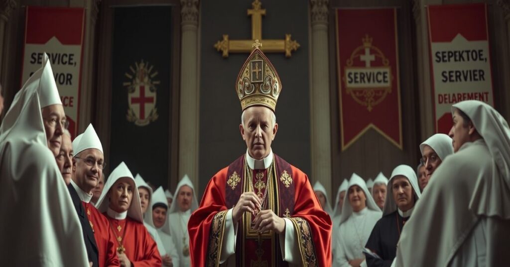 Antipope Leo XIV addressing Legionaries of Christ in Vatican hall with modernist themes.