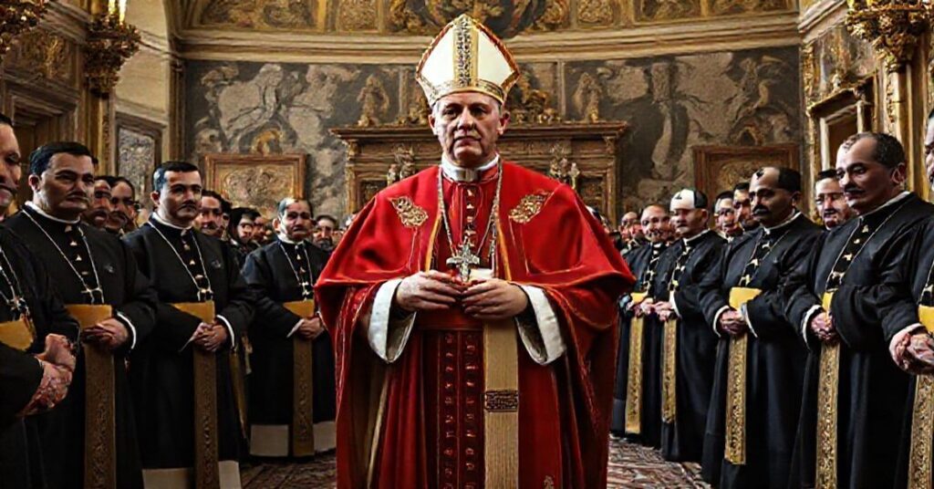 Antipope Leo XIV delivering a press statement at Castel Gandolfo, symbolizing modernist betrayals under the guise of pastoral care.