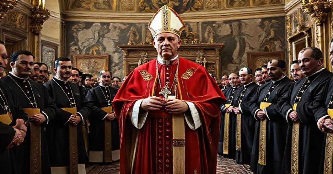 Antipope Leo XIV delivering a press statement at Castel Gandolfo, symbolizing modernist betrayals under the guise of pastoral care.