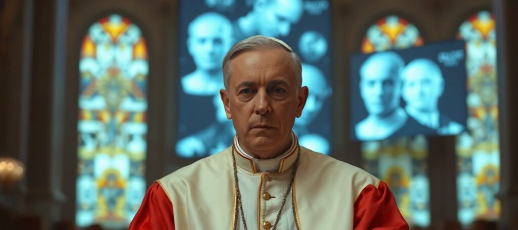 Antipope Leo XIV in papal vestments in a modernist Vatican hall with AI-themed imagery, symbolizing the modernist reduction of Catholic teaching to naturalistic humanism.