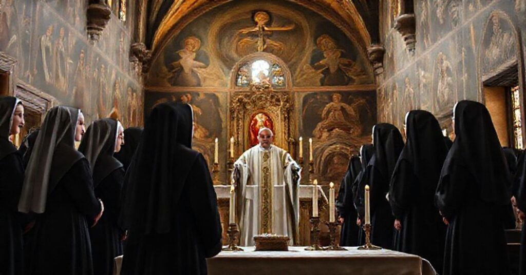 A solemn scene in the Augustinian monastery of Santa Chiara in Montefalco during a visit by antipope Leo XIV.