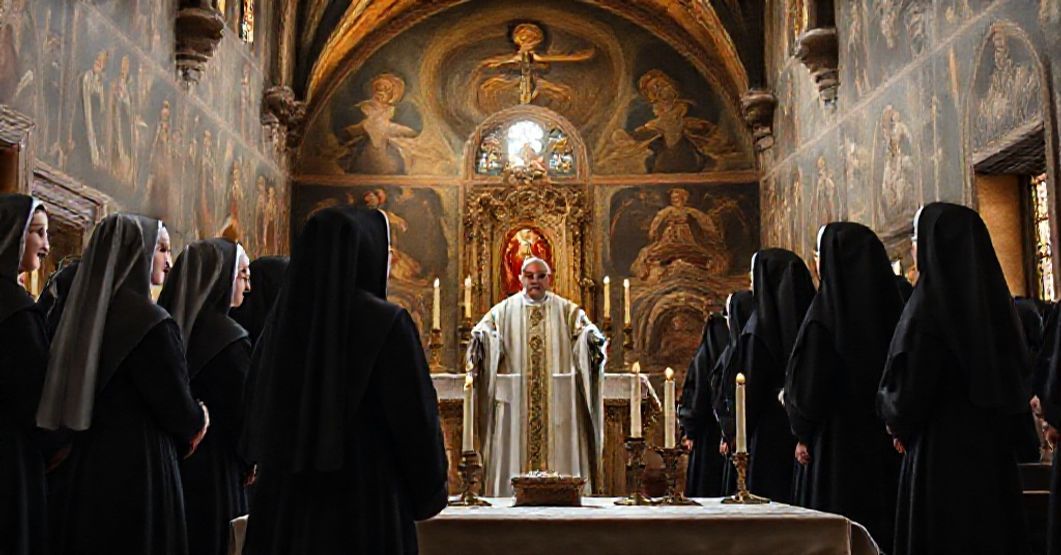 A solemn scene in the Augustinian monastery of Santa Chiara in Montefalco during a visit by antipope Leo XIV.