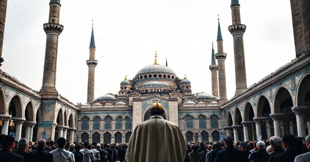 Antipope Leo XIV visiting Sultan Ahmed Mosque in Istanbul, symbolizing betrayal of Christ's kingship and the erosion of Christian sovereignty.
