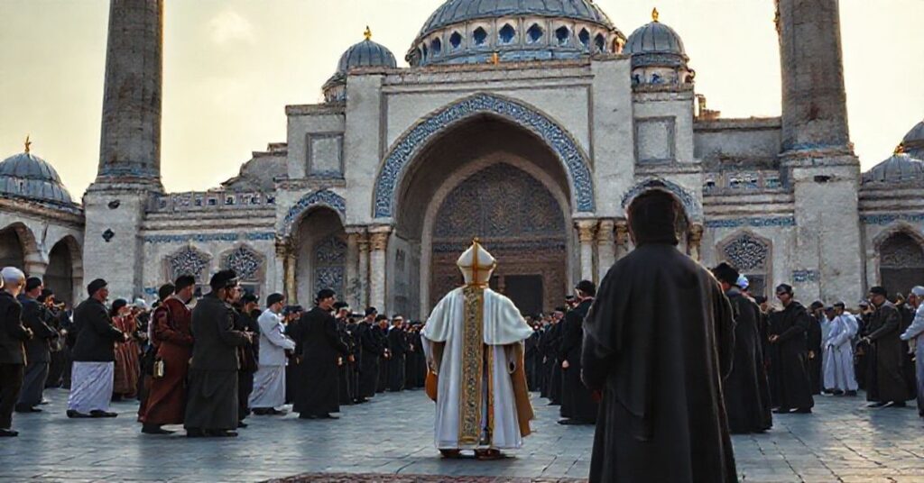 Antipope Leo XIV visiting the Sultan Ahmed Mosque in Istanbul, surrounded by Muslim worshippers and ecumenical leaders.