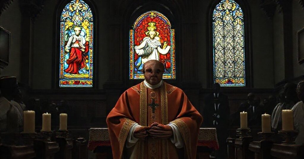 Antipope Leo XIV stands at the altar after a counterfeit 'Mass' on the 'Solemnity of Christ the King,' with a newspaper headline about kidnappings in Nigeria and Cameroon in the background.