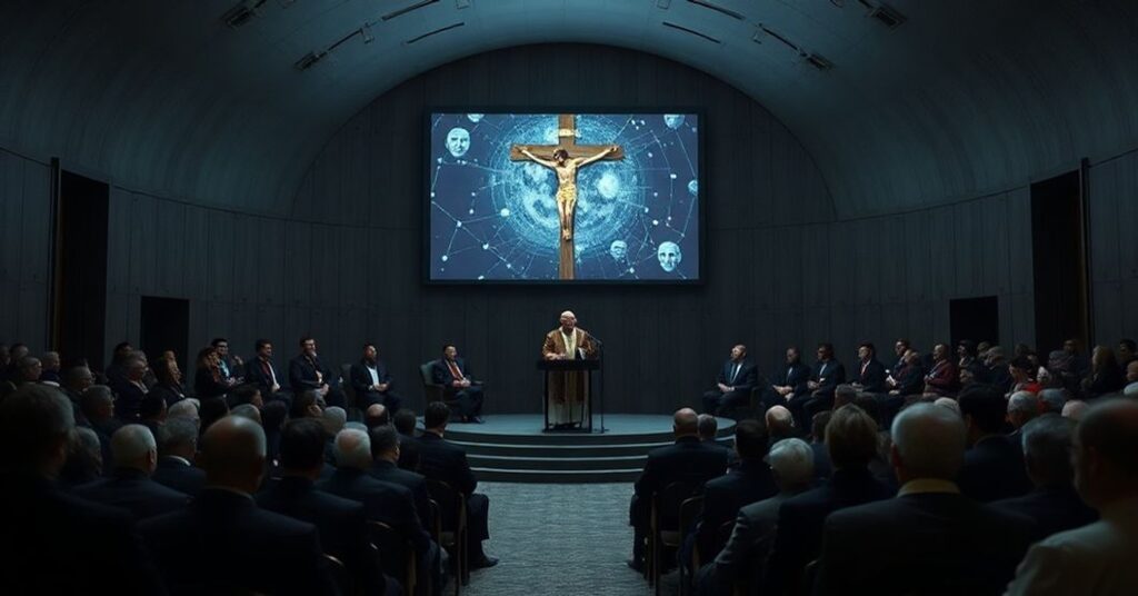 Antipope Leo XIV addressing the RCS Academy on humanism and AI in a modern council chamber.