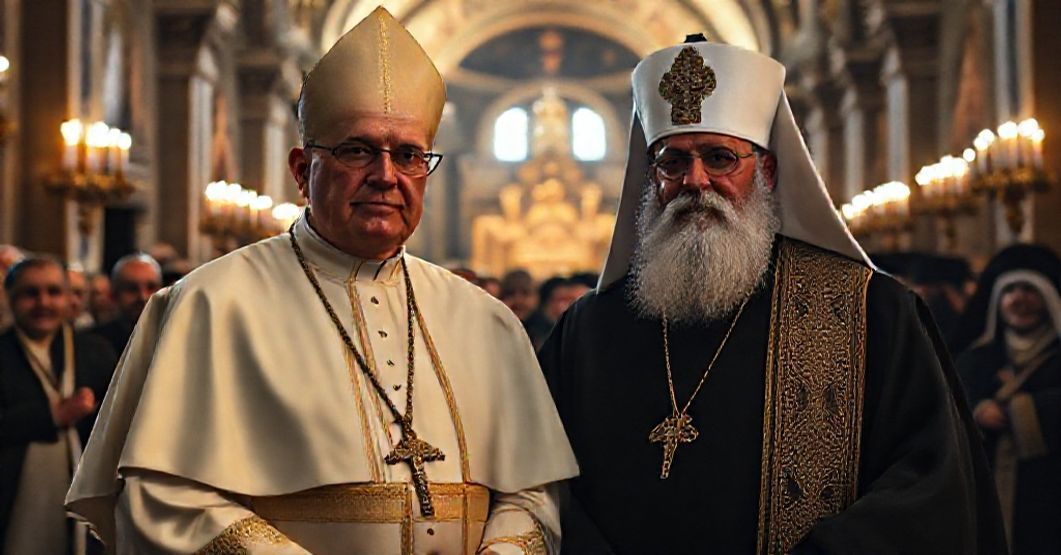 Antipope Leo XIV and Orthodox patriarch Bartholomew I at an ecumenical gathering commemorating the 1700th anniversary of the Council of Nicaea.
