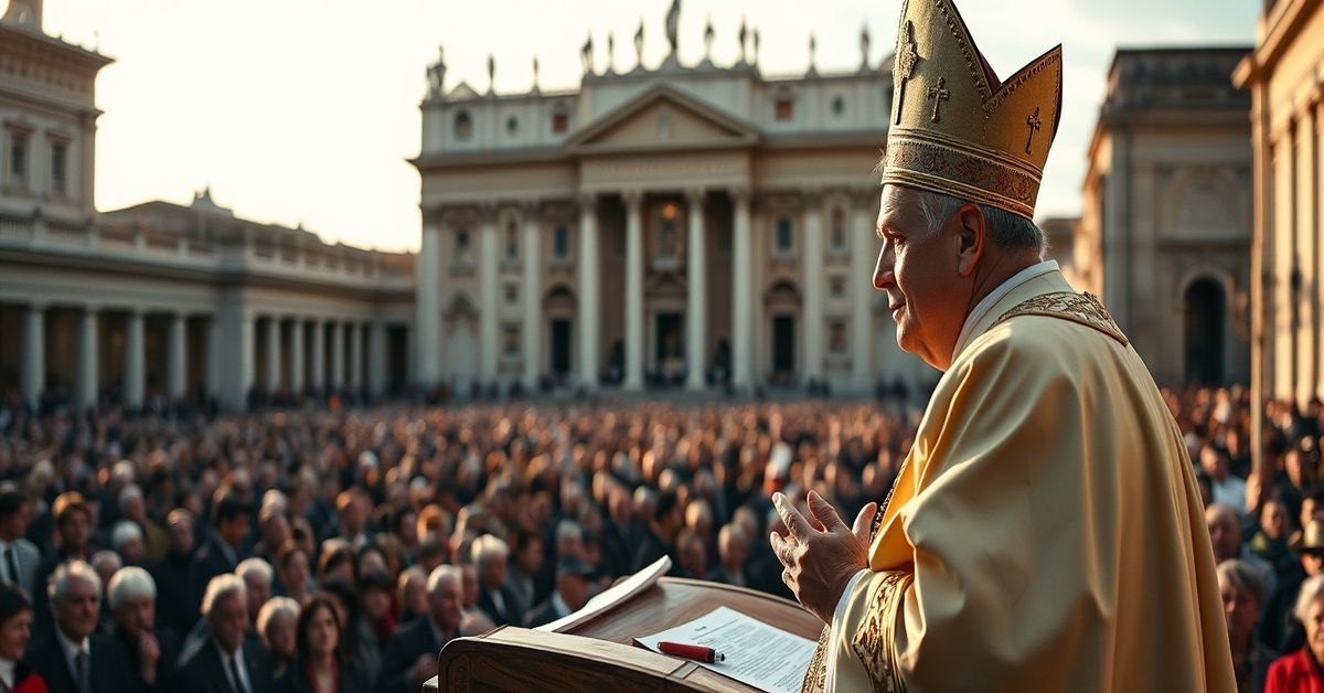 Antipope Leo XIV delivering a Palm Sunday homily in St. Peter's Square, emphasizing peace without acknowledging Christ's kingship.