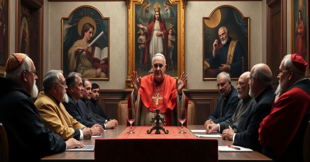 Antipope Leo XIV in a pastoral dialogue with Rome's priests, discussing modernist errors in a Vatican hall.