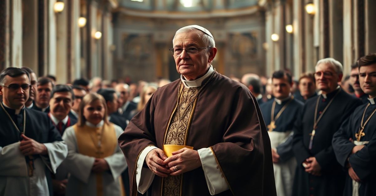 A solemn depiction of the antipope 'Leo XIV' and modernist clergy in St. Peter's Basilica calling for peace without supernatural purpose.