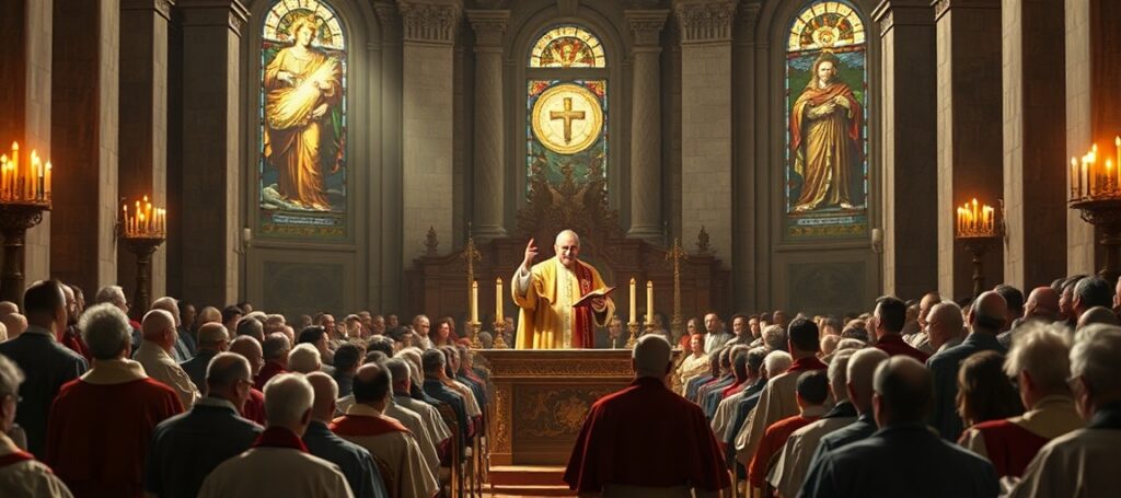 Antipope Leo XIV delivering a Pentecost homily in St. Peter's Basilica, surrounded by cardinals and bishops in traditional vestments. The scene reflects theological errors and naturalistic drift in his teachings.