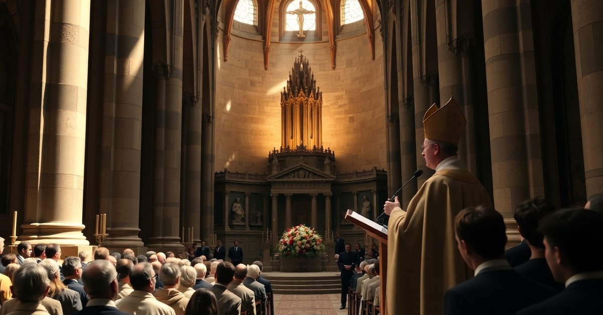 Antipope Leo XIV at Sagrada Família Basilica in Barcelona, surrounded by modernist architecture, delivering a hollow homily about unity and peace.
