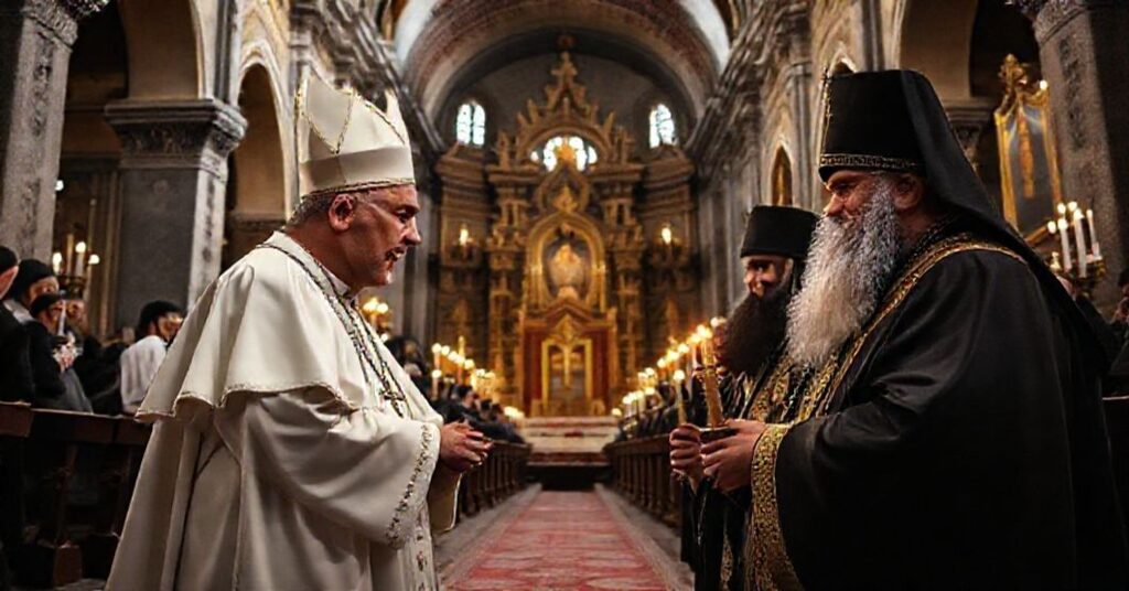 Antipope Leo XIV and Armenian Schismatic Sahak II in a solemn meeting at the Armenian Apostolic Cathedral in Constantinople, symbolizing false ecumenism