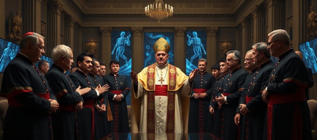 A solemn Catholic scene depicting the antipope Leo XIV and Spanish President Pedro Sánchez discussing artificial intelligence governance, symbolizing the betrayal of Christ's kingship.