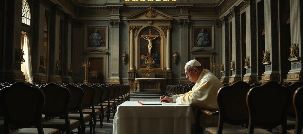 A solemn depiction of the antipope Leo XIV signing his modernist encyclical *Magnifica humanitas* in a decaying Vatican hall.