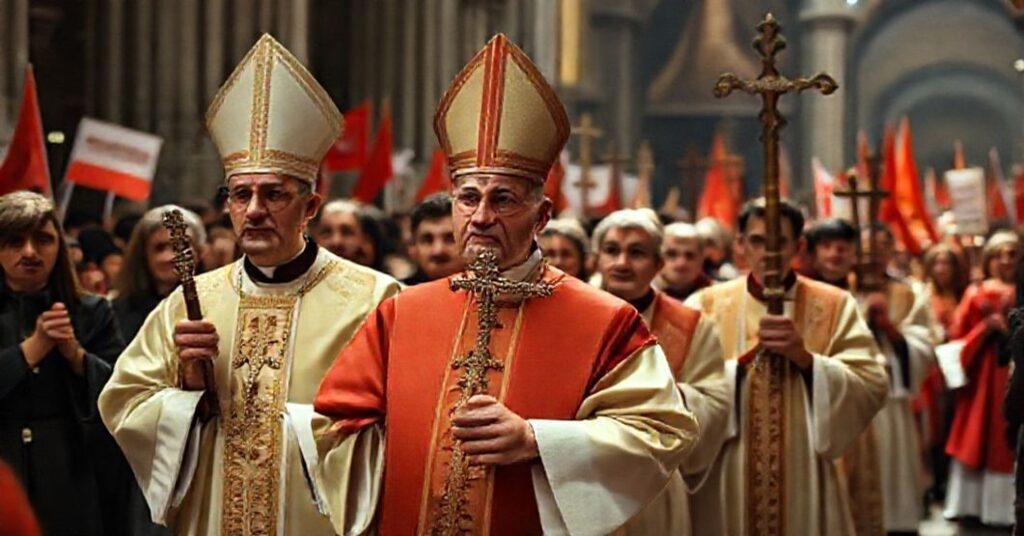 An antipope leading a modernist Catholic procession amid socialist banners in an Italian cathedral.