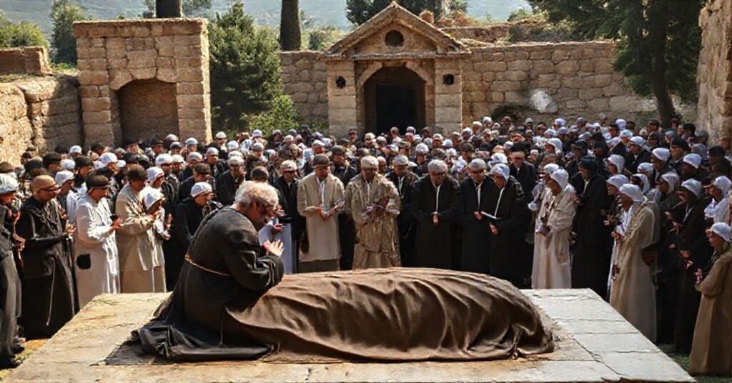 Antipope Leo XIV praying at the tomb of St. Charbel Makhlouf in Lebanon, surrounded by a crowd of interfaith pilgrims in a solemn and reflective atmosphere.