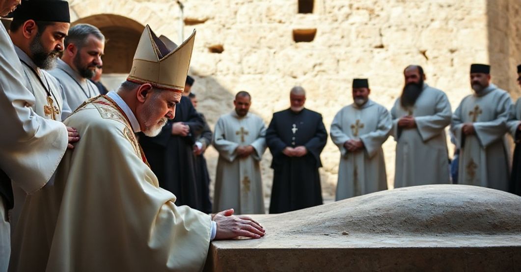 Antipope Leo XIV at St. Charbel's tomb in Annaya, Lebanon - a solemn moment highlighting the clash between Catholic Tradition and modernist ecumenism