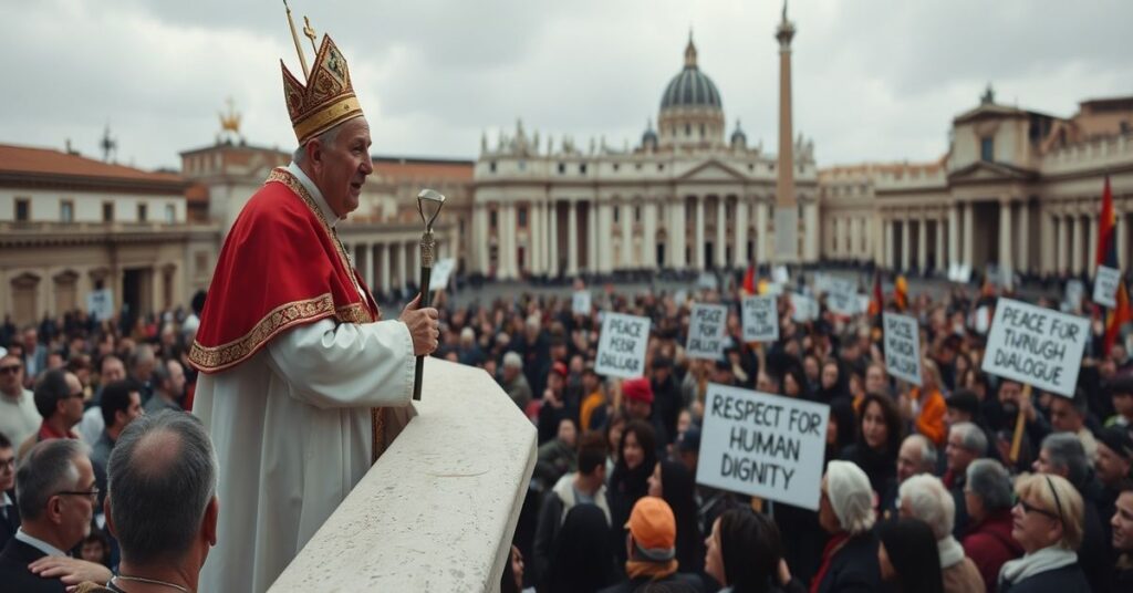 Antipope Leo XIV speaking from St. Peter's Square on global conflict and peace through naturalistic rhetoric.