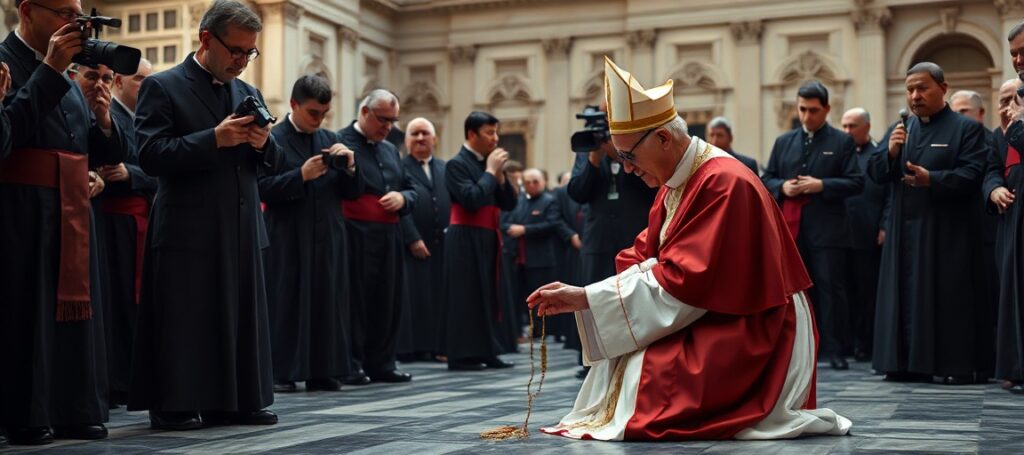 Antipope Robert Prevost kneeling beside a fainting priest in St. Peter's Square during a staged General Audience, symbolizing the conciliar sect's false piety and media-driven deception.