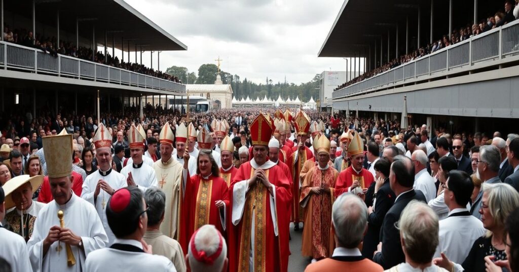 A solemn Eucharistic procession led by antipope Leo XIV in Sydney, Australia, highlighting the sacrilege of modernist clergy and laity.