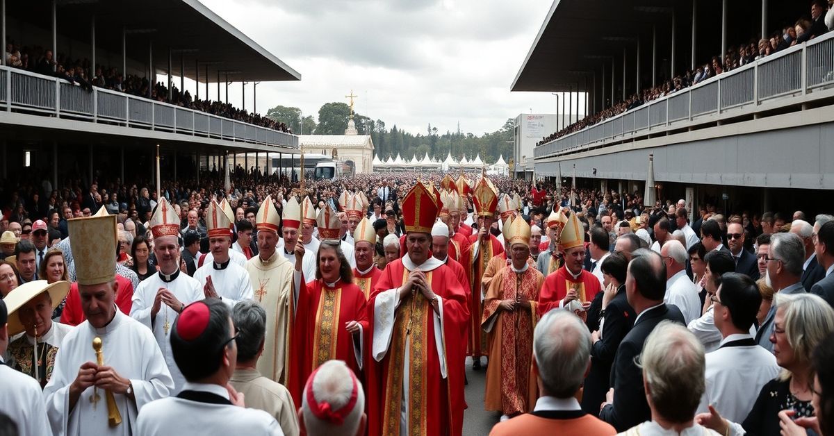 A solemn Eucharistic procession led by antipope Leo XIV in Sydney, Australia, highlighting the sacrilege of modernist clergy and laity.