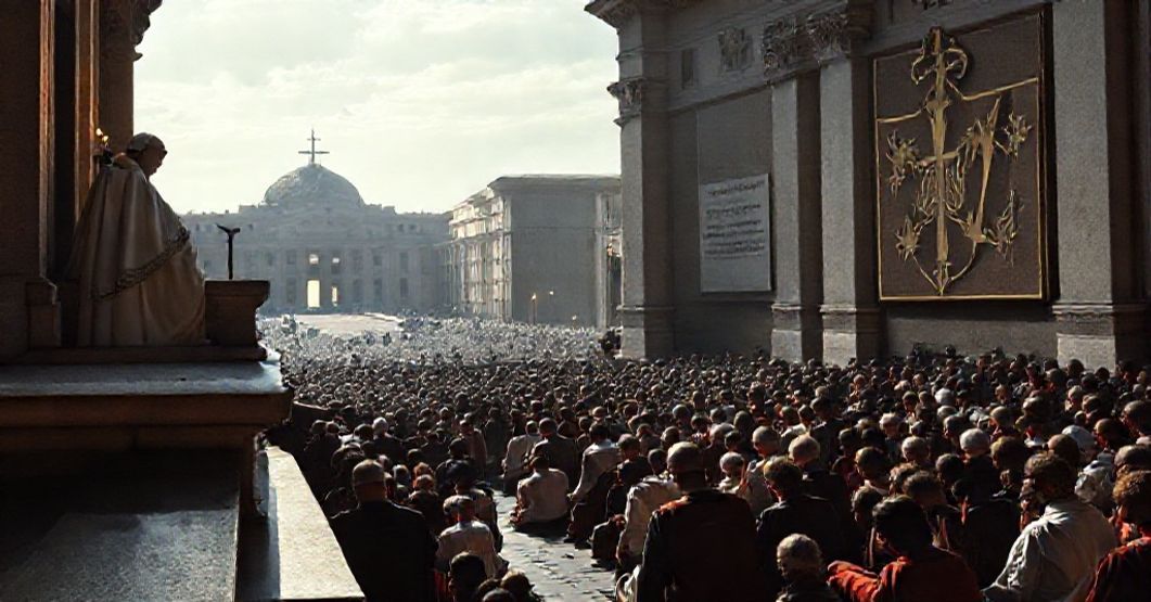 Depiction of antipope Leo XIV (Prevost) giving an Angelus address in St. Peter's Square, contrasting conciliar syncretism with traditional Catholic doctrine.