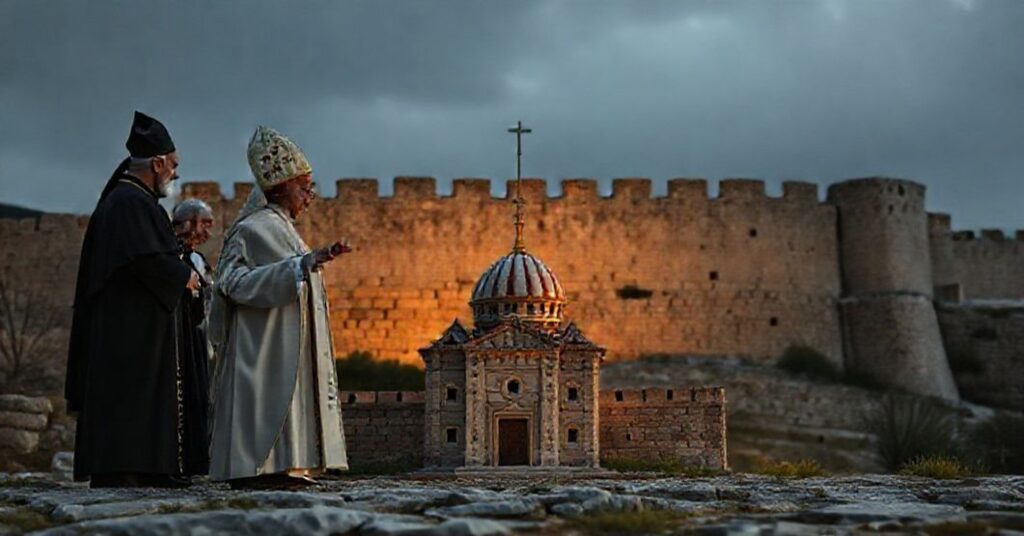Antipope Leo XIV stands before the walls of Ðzenik, Turkey, amidst ecumenical figures and a desecrated Catholic church handed over to Orthodox schismatics.