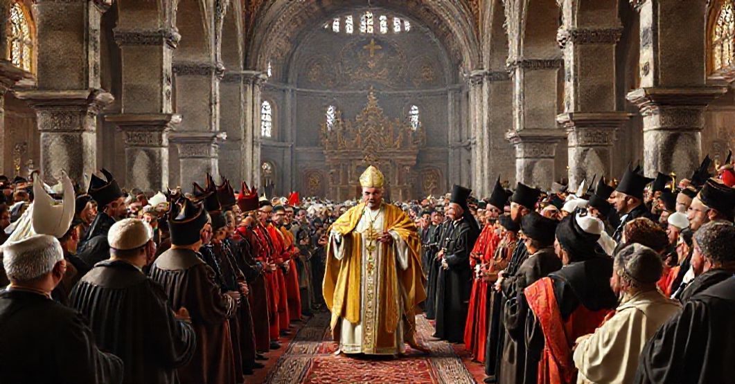 The false pope Leo XIV engaging in ecumenical dialogue with heretics in a secular Turkish setting, symbolizing the abandonment of Catholic truth for religious indifferentism.