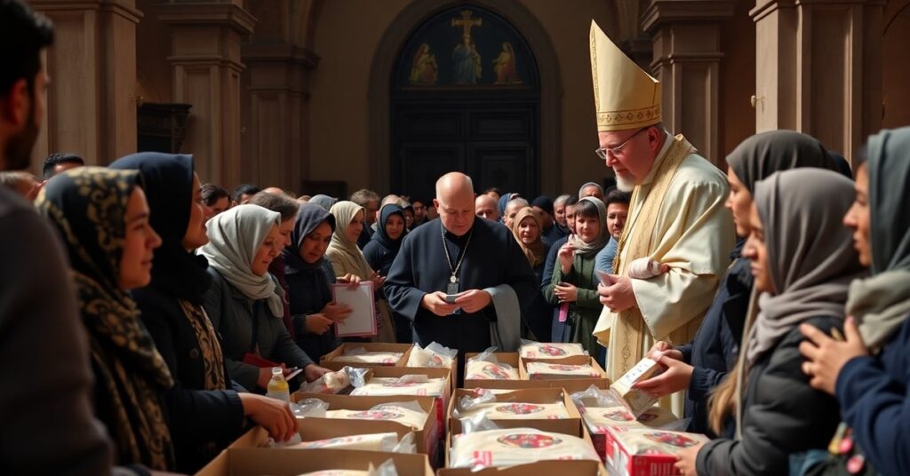 Antipope Leo XIV visiting Sant Augustin Parish in Barcelona, Spain, distributing food to refugees and migrants without religious discrimination.