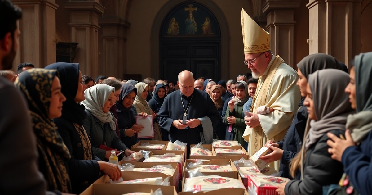 Antipope Leo XIV's Visit to Sant Augustin Parish in Barcelona Antipope Leo XIV visiting Sant Augustin Parish in Barcelona, Spain, distributing food to refugees and migrants without religious discrimination.