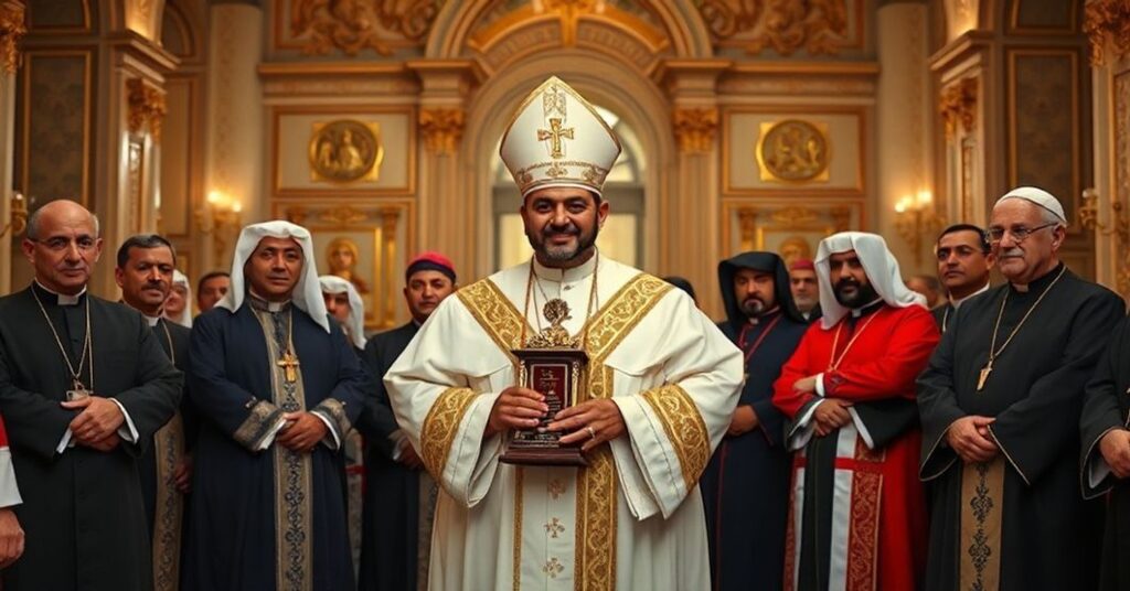Antipope Leo XIV endorsing interfaith syncretism through the Zayed Award in a grand hall with Islamic and Christian symbols.