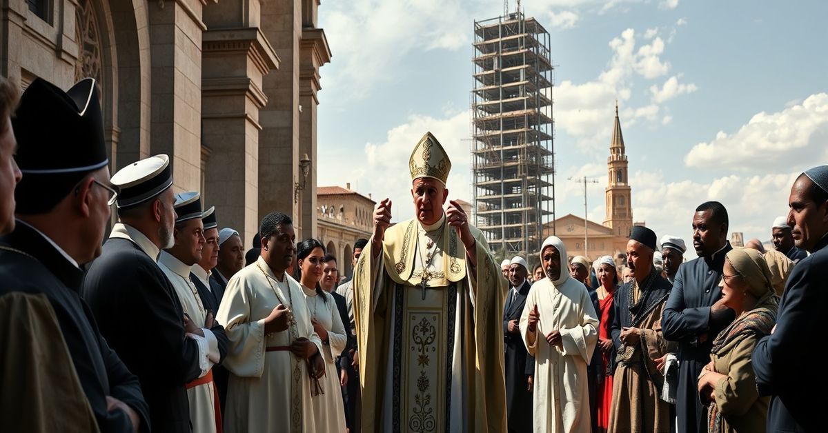 A solemn Catholic scene depicting a false pope during apostolic journeys to Monaco, Africa, and Spain.