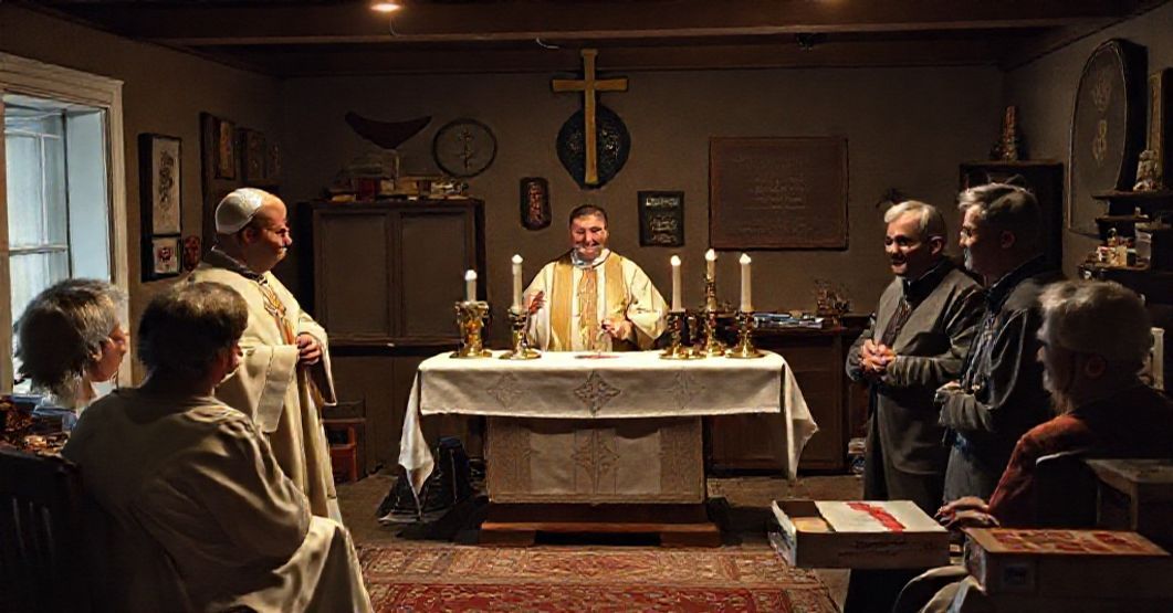 Vatican's "Leo from Chicago" Documentary - A Cult of Personality Exposed A critical depiction of antipope Robert Prevost's childhood "Mass" in a basement with an ironing board altar, highlighting the conciliar sect's cult of personality and ecumenical apostasy.
