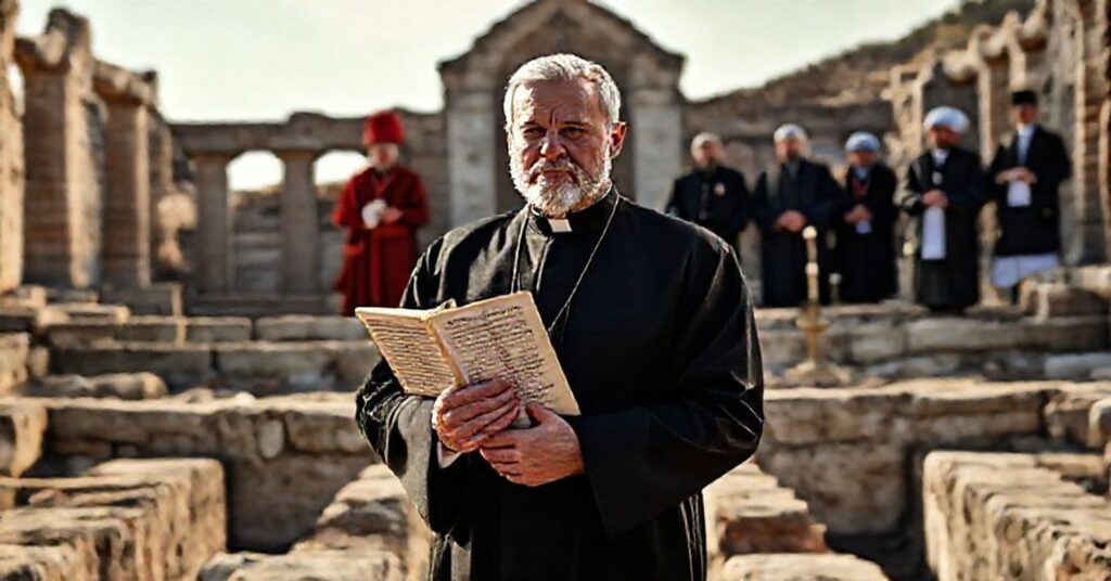 A traditional Catholic priest looks on solemnly as Antipope Robert Prevost and Eastern schismatic leader Bartholomew I participate in an ecumenical ceremony at the ruins of Saint Neophytos Basilica in Iznik, Turkey.