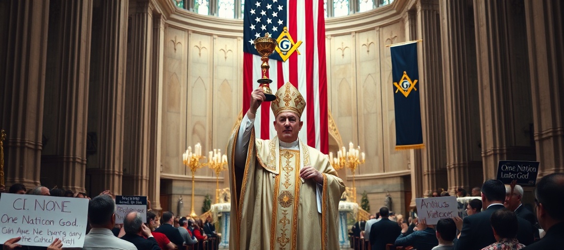 Antipope's Blasphemy: The Masonic 'Eucharistic Pilgrimage' in Philadelphia Antipope Robert Prevost leads a blasphemous 'Eucharistic Pilgrimage' Mass in Philadelphia under Masonic banners and the American flag.