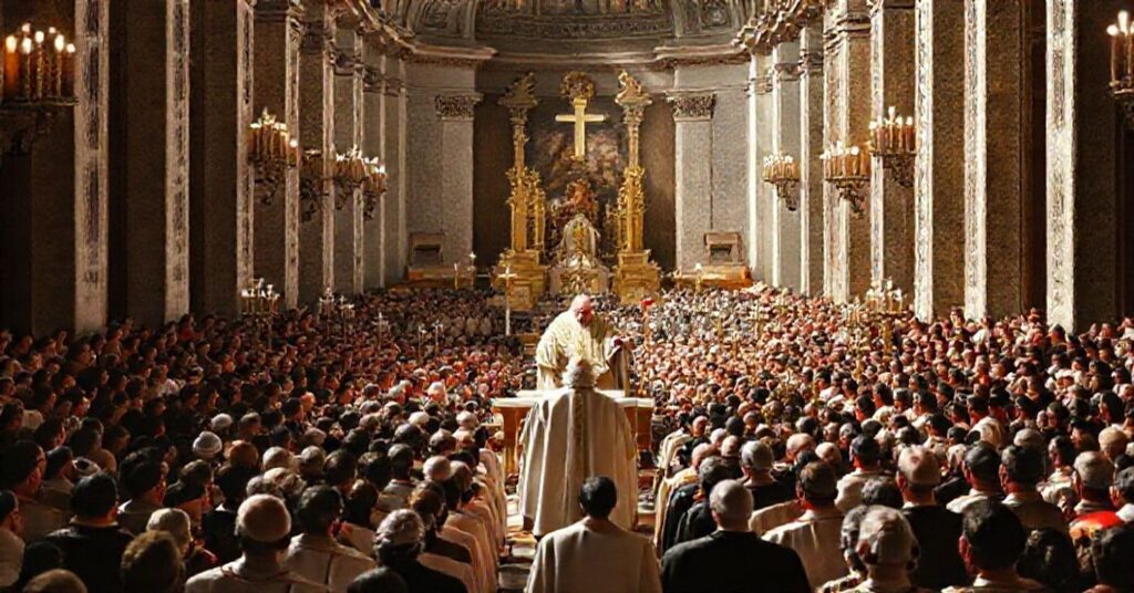 Antipope Robert Prevost (Leo XIV) leading a Mass in St. Peter's Basilica for the Jubilee of the Poor, symbolizing empty rhetoric and apostasy from Christ the King.