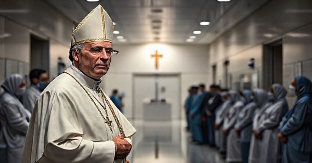Antipope Robert Prevost (Leo XIV) at La Croix Hospital in Jal Ed Dib, Lebanon, delivering a speech devoid of Catholic spirituality.