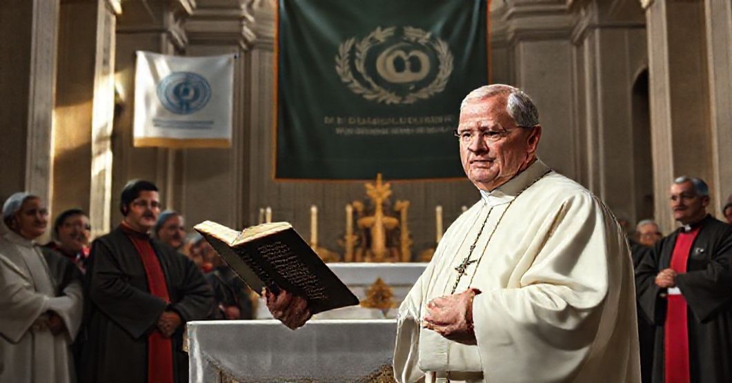 Antipope Robert Prevost ("Leo XIV") stands before a modernist altar in St. Peter's Basilica during his invalid 2025 "election", surrounded by conciliar bishops in false vestments. He holds his soon-to-be-released book "Peace Be With You", delivering a sermon that masks heresy beneath a message of false peace.