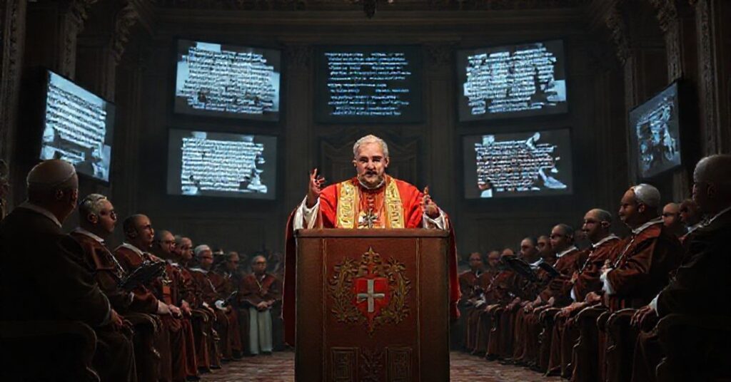 Antipope Robert Prevost (Leo XIV) addresses the Catholic Biblical Federation in Vatican City, surrounded by conciliar "cardinals," emphasizing distorted Scripture dissemination under modernist guise.