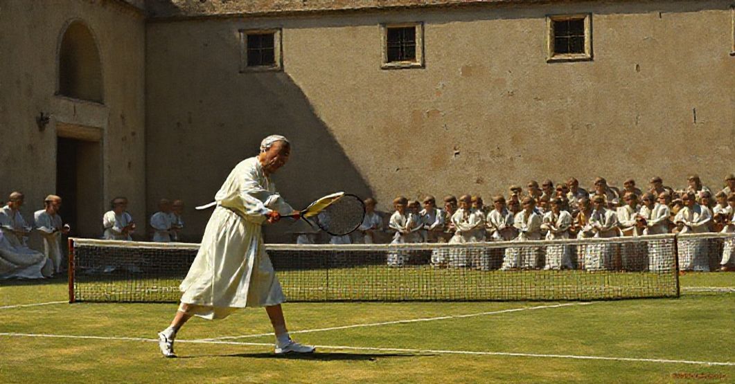 A solemn image contrasting antipope Prevost's recreational activities with the spiritual duties of a true pope at Castel Gandolfo.