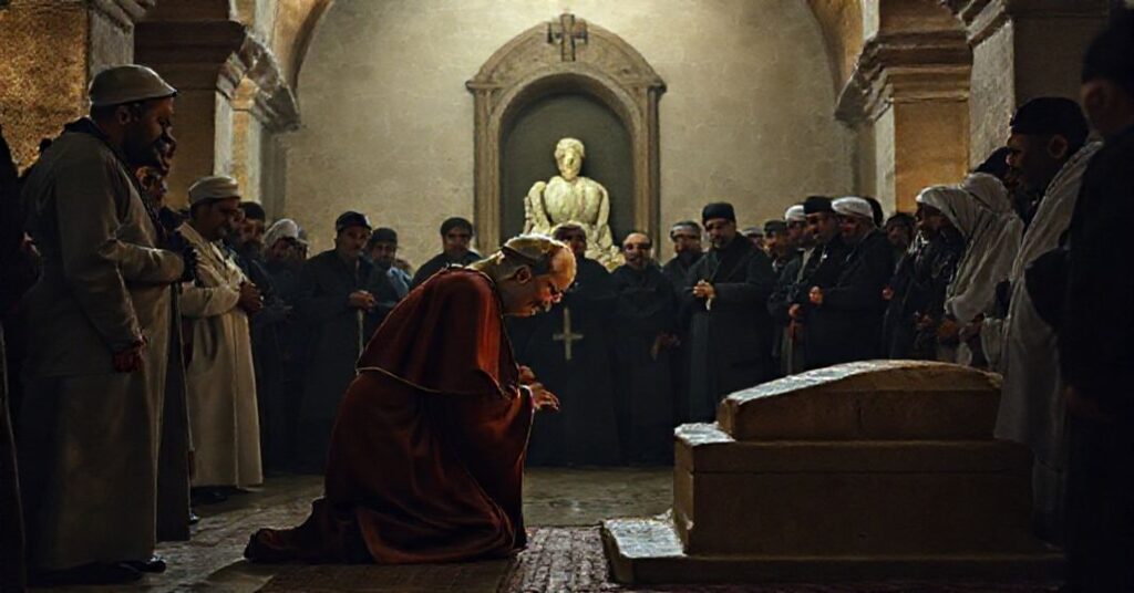 Robert Prevost as "Pope Leo XIV" visiting the tomb of Charbel Makhlouf in Lebanon, surrounded by Muslim pilgrims, highlighting Catholic interfaith syncretism.